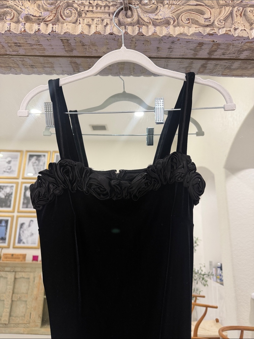 90s Vintage Night Way Collections Black Velour Midi Dress with Rosette Neckline - Picture 2 of 5